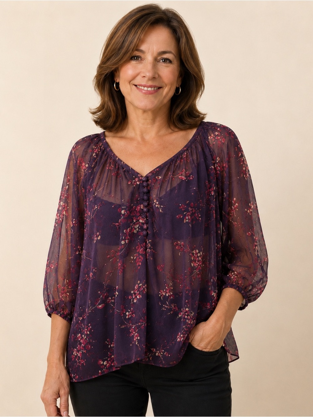 Express Purple Floral Sheer Top Size S